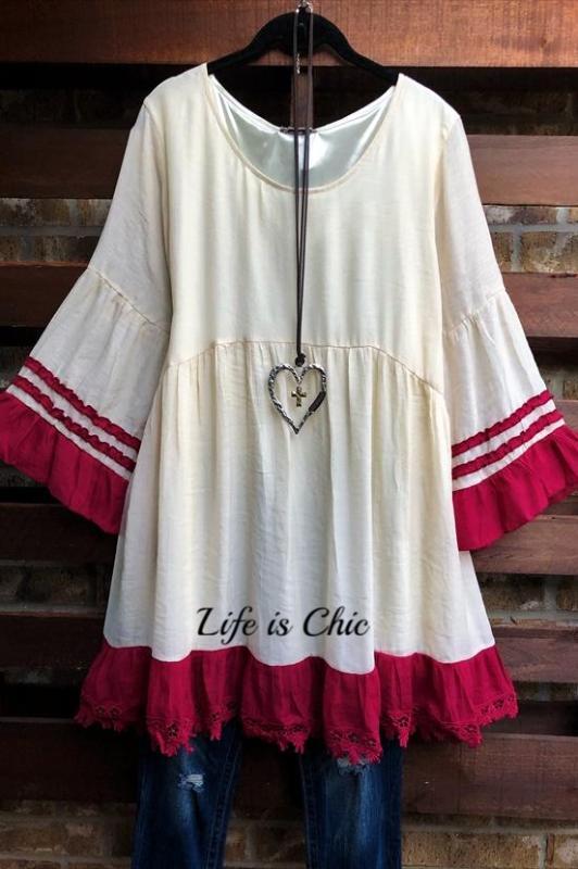 FOREVER IN MY HEART BABYDOLL TUNIC IN CREAM & BURGUNDY--------SALE