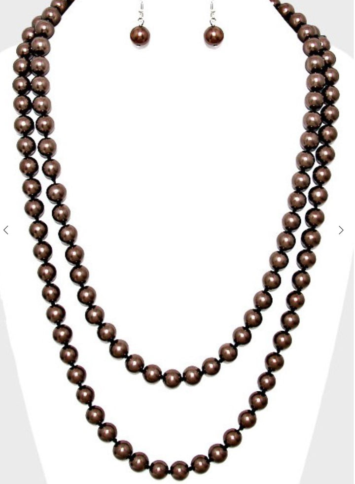LONG PEARL BEAD NECKLACE SET IN BROWN MOCHA