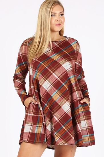 14-18 SIZE - PLAID SWEATER DRESS WITH POCKETS IN BRICK---SALE