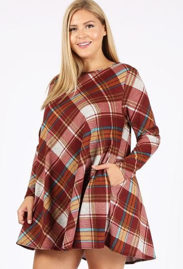 WALK THE LINE PLAID SWEATER DRESS WITH POCKETS IN BRICK---SALE