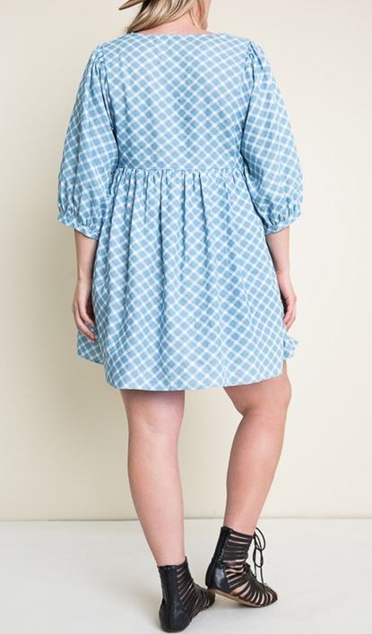 AMERICAN BEAUTY PLAID DRESS BABY DOLL IN LIGHT BLUE DENIM [product vendor] - Life is Chic Boutique