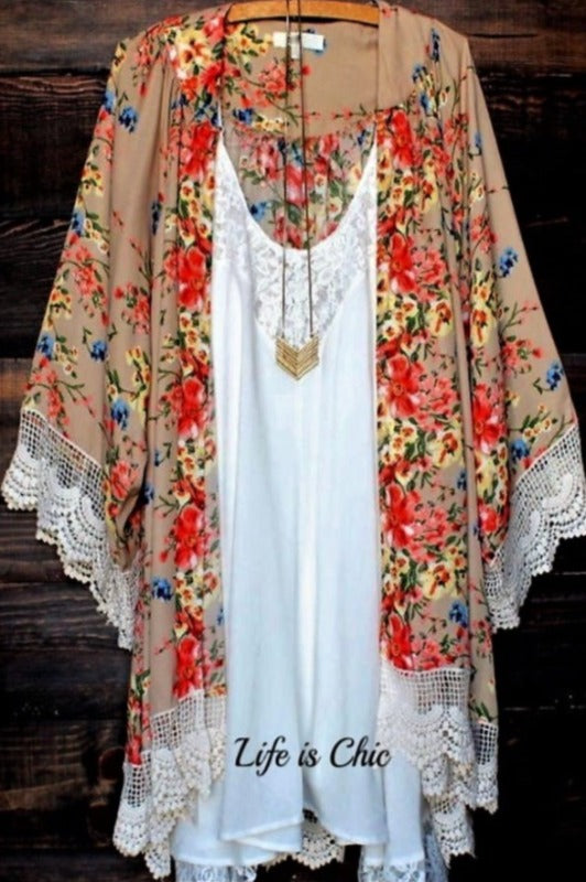 Vintage Crochet Floral Kimono in Multi-Color