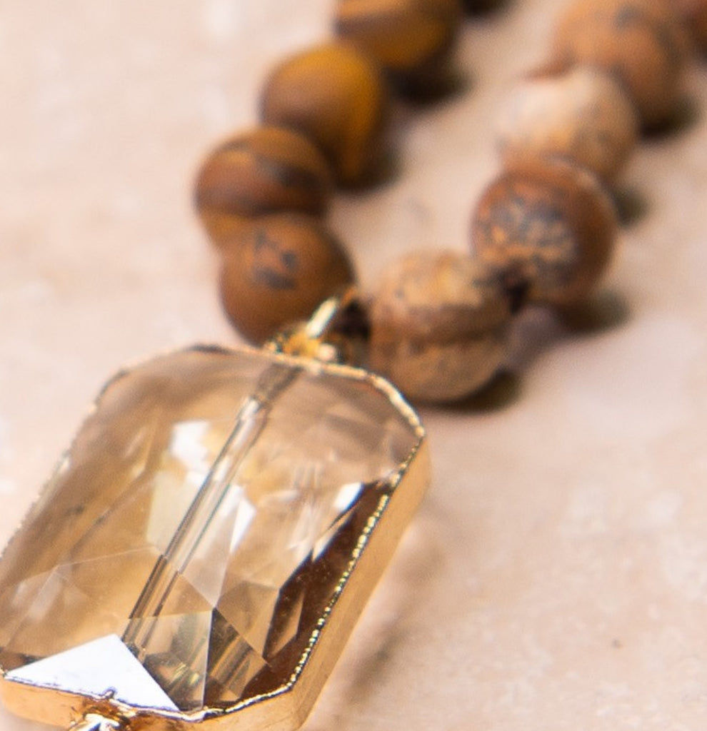 NATURAL STONE & CRYSTAL LONG CROSS NECKLACE