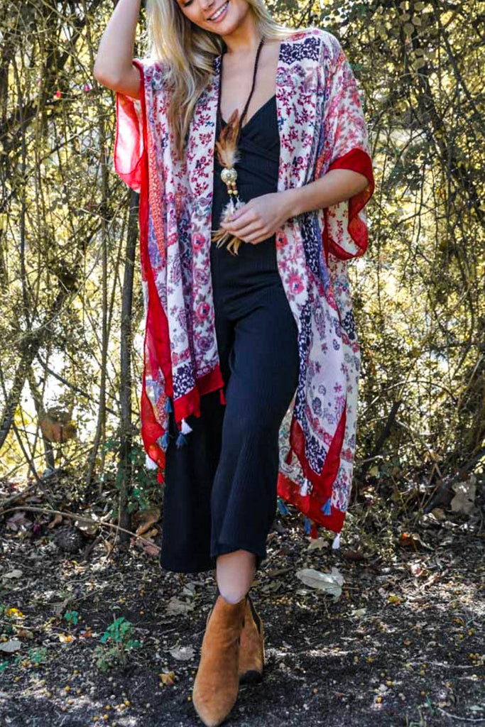 KISSED BY THE RAINBOW GAUZE KIMONO IN RED MIX