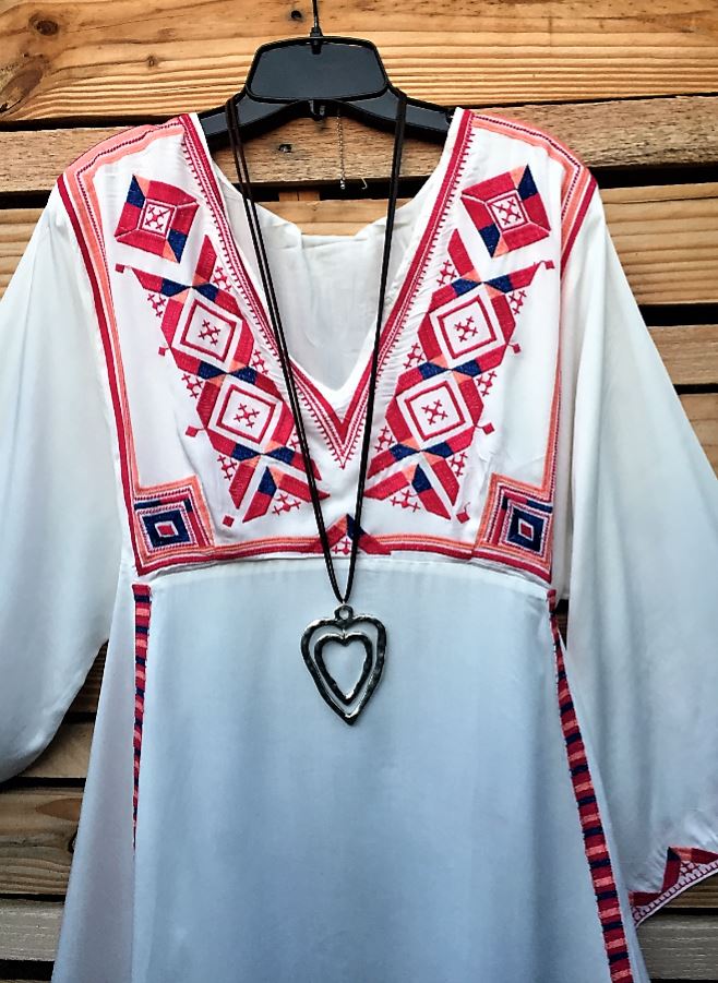 LIVING FREE & PEACE EMBROIDERED DRESS IN OFF-WHITE MIX [product vendor] - Life is Chic Boutique