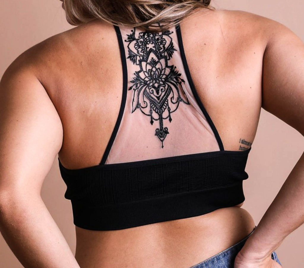 SO WONDERFUL TO ME TATTOO MESH BRALETTE IN BLACK