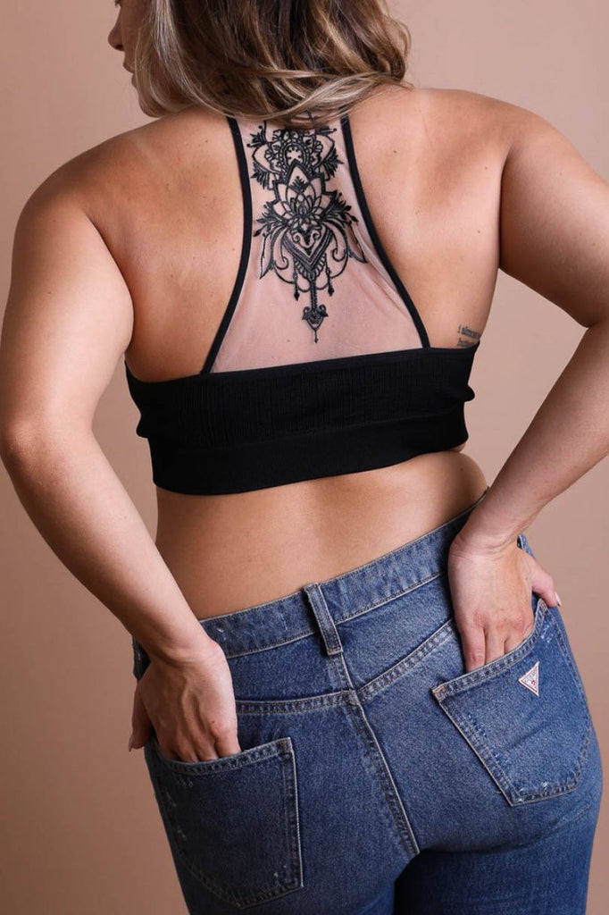 SO WONDERFUL TO ME TATTOO MESH BRALETTE IN BLACK