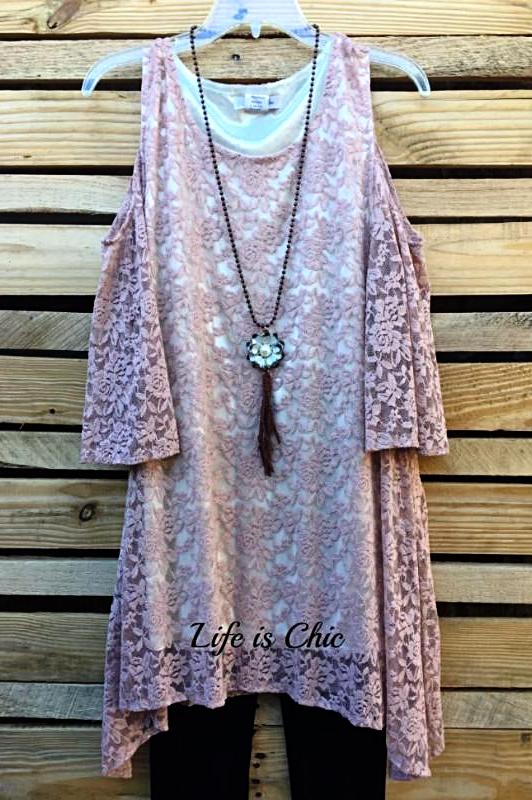She's Dreamy Lace Open Shoulder Tunic - Antique Pink [product vendor] - Life is Chic Boutique