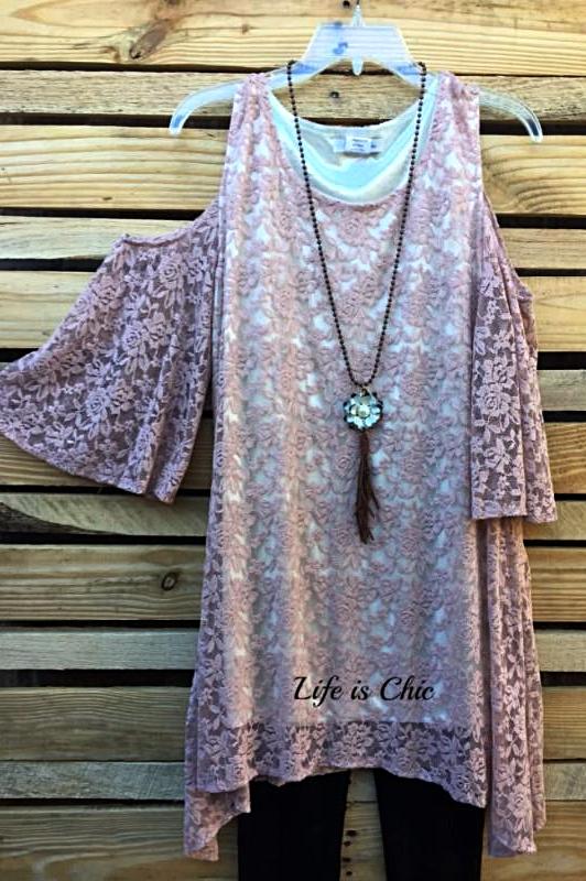 She's Dreamy Lace Open Shoulder Tunic - Antique Pink [product vendor] - Life is Chic Boutique