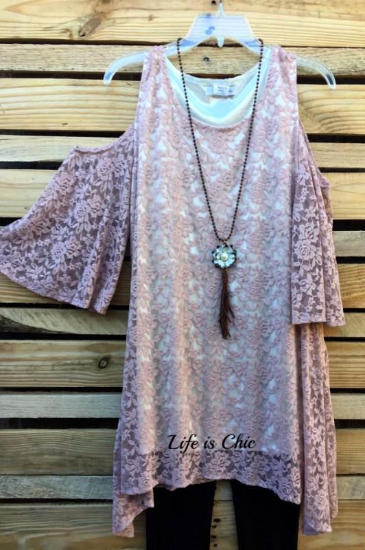 She's Dreamy Lace Open Shoulder Tunic - Antique Pink [product vendor] - Life is Chic Boutique